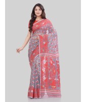 Women`s Phulkari Resham Dhakai jamdani Bengal Pure Cotton Handloom Saree Whole Body Design without Blouse Piece (Grey Red)